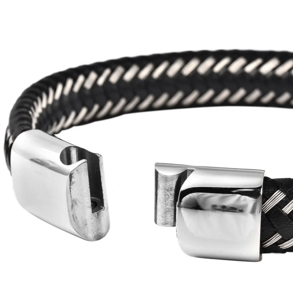 Genuine Leather and Stainless Steel Bracelet